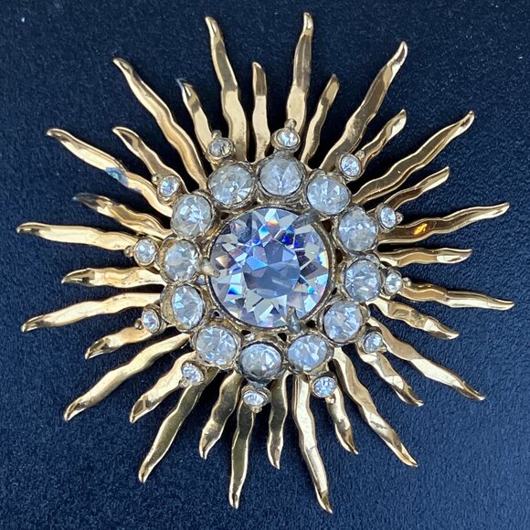 Gold Tone Clear Rhinestone Sunburst Brooch Jewelry - Picture 1 of 11